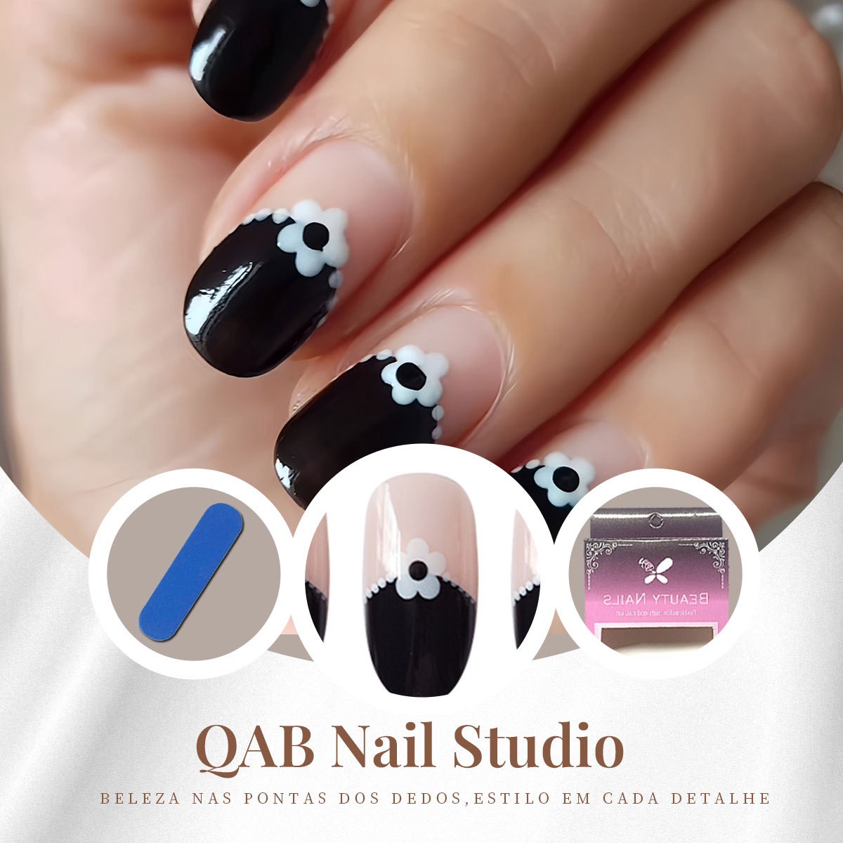 Black White Daisy Polka Dot French Retro INS Style Press On Nails Wholesale