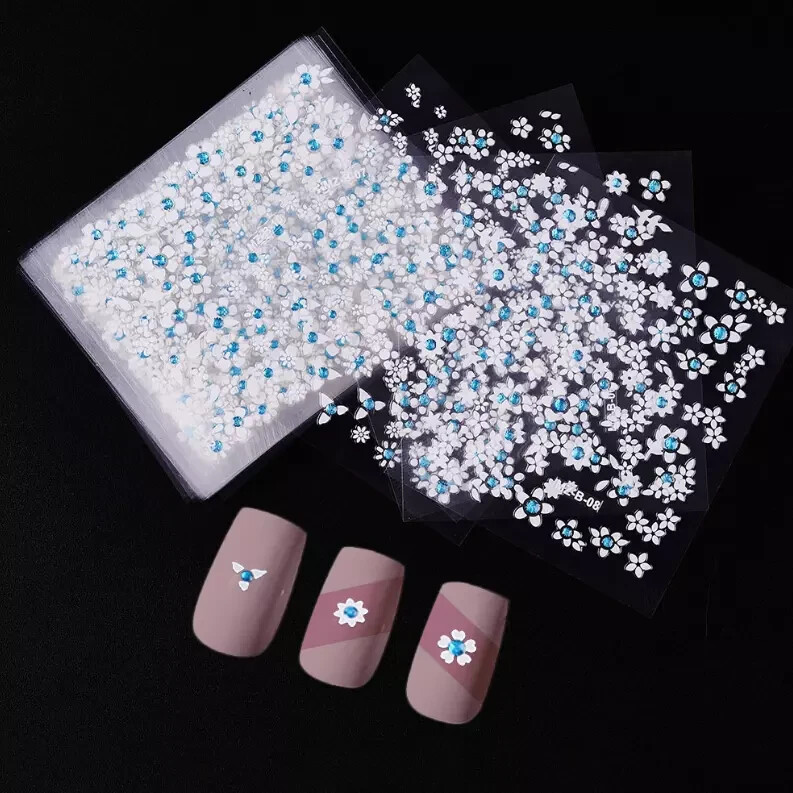 10 Sheets Nail Art Sticker Decal Daisy Flower Lace Blue CZ Slider Manicure NS52