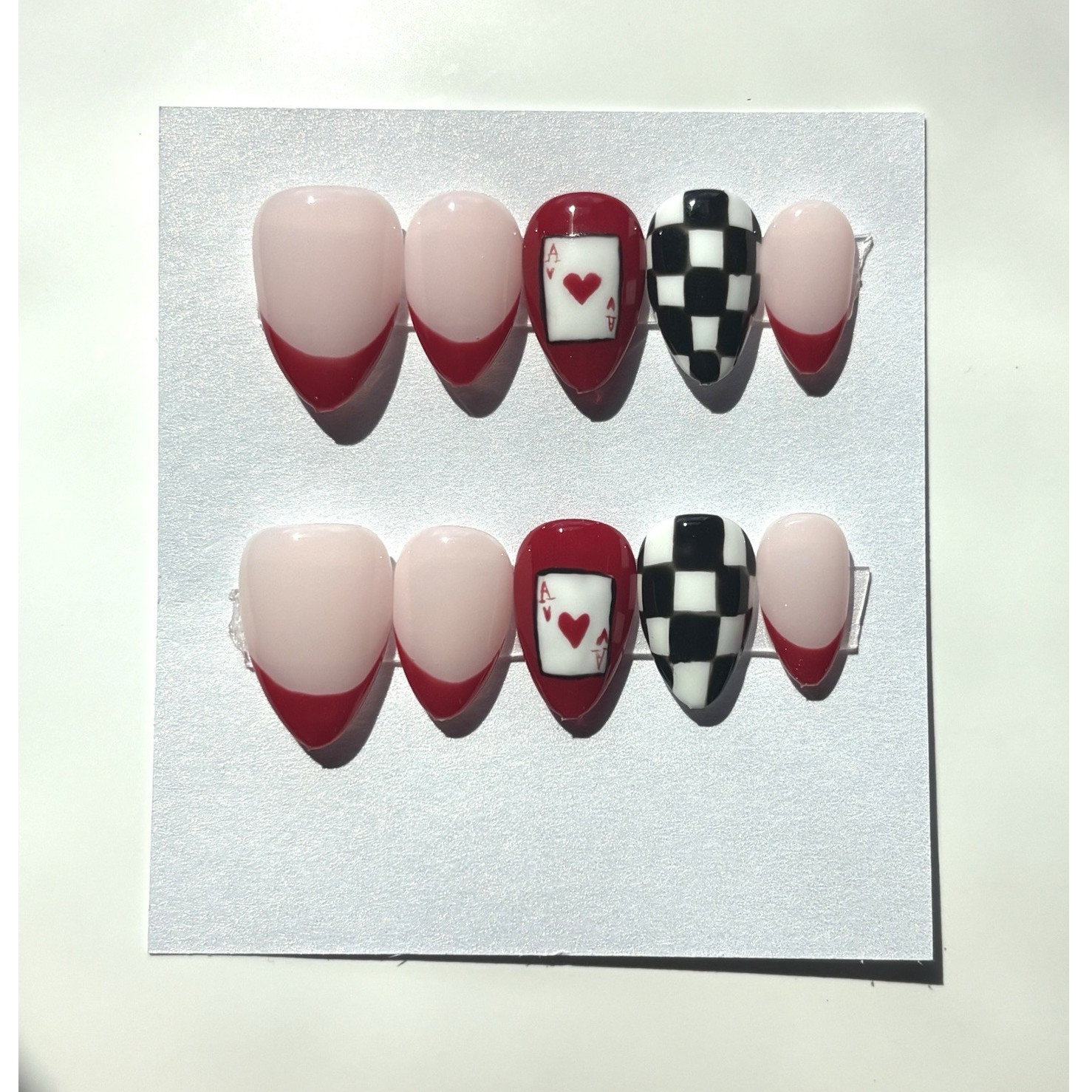 Press-On Nails Pink/Red/Black/White Glossy Heart Checkered Almond M