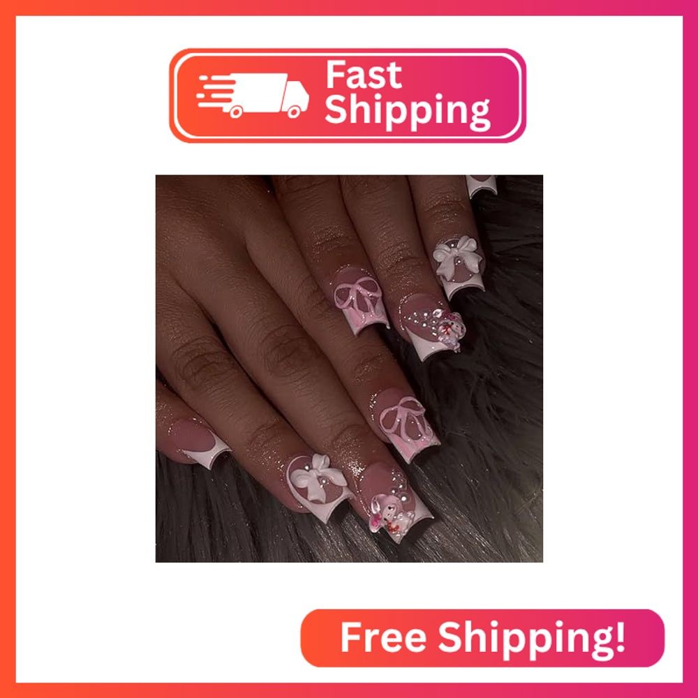 White French Tip Press on Nails Short with Charms Bow Pearl Design, Pink French
