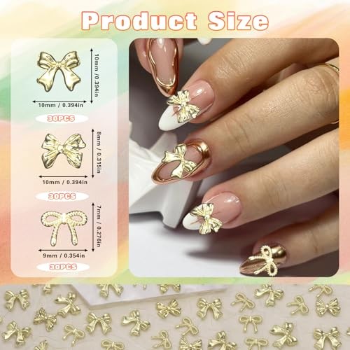 90 Pcs 3D Alloy Bow Nail Charms Gold