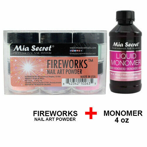 New Mia Secret Monomer 4 Ounce + FIREWORKS Nail Art Powder 6 Colors Collection