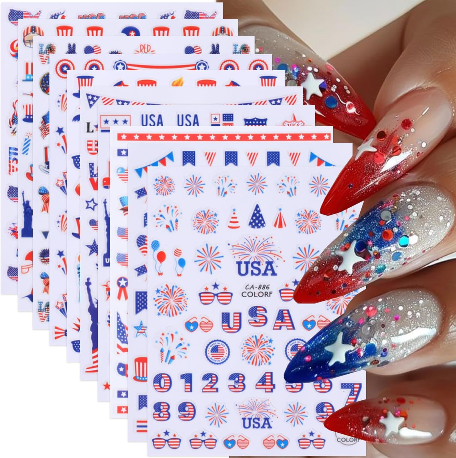 10 Sheets 4th of July Nail Art Stickers Patriotic Nail Decals 3D Self Modern