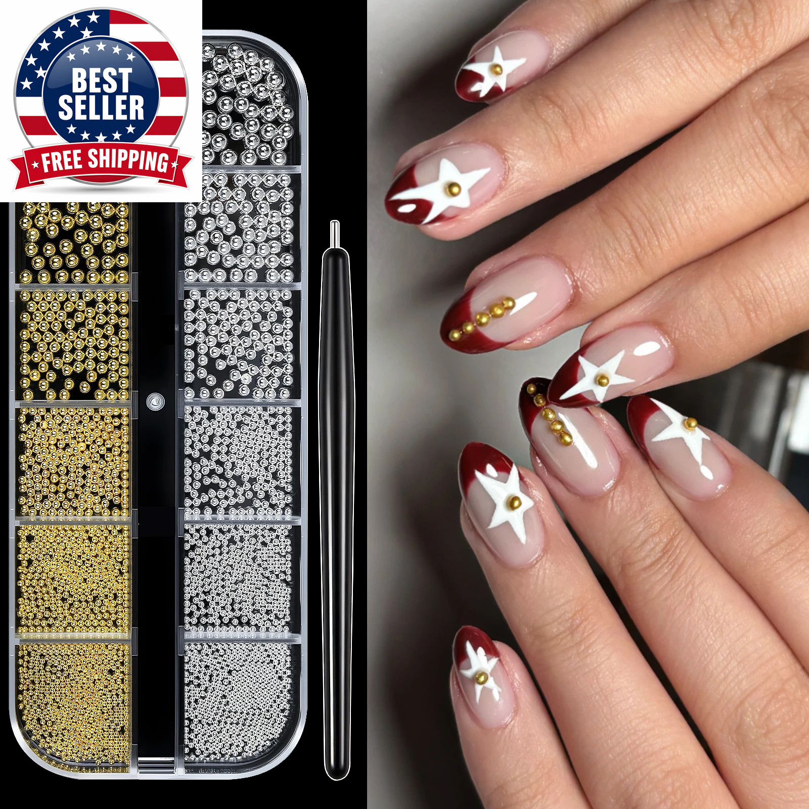 6 Grids Mini Caviar Beads Nail Art Decorations Metal Gold/Silver Micro Ball Nail