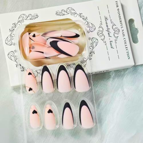 Black French Tip Press on Nails Medium Almond Fake 1 Fl Oz (Pack of 1) Style003