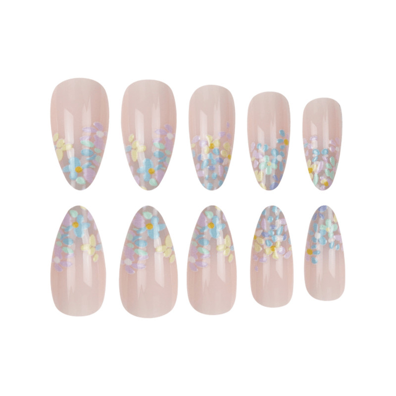 48pcs Short Oval Press on Nails, Clear Nude Macaron Floral Fresh Daily Nails