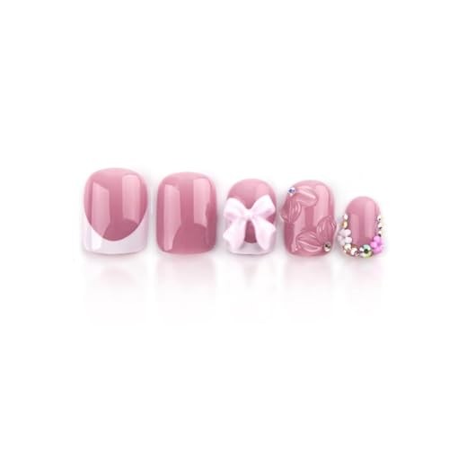Pink Press on Short Square Fake Nails with 3D Bow Charms Standard Dark Pink
