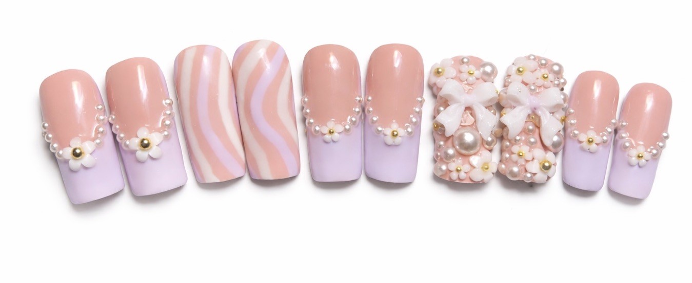Nude & Lavender Press-On Nails with Pearl & Bow Accents