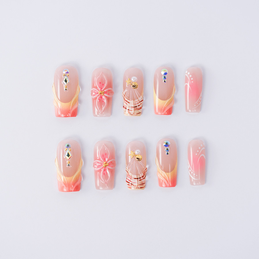 10pcs Short Square Press on Nails, Peach Gradient 3D Flower Crystal Nails