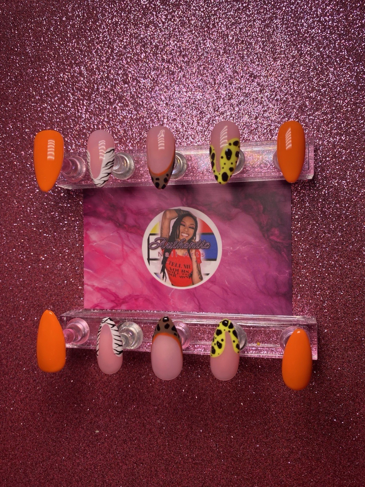 Authentic Nail Arts by Dia Almond Press-On Nails Orange Pink Animal Print Set