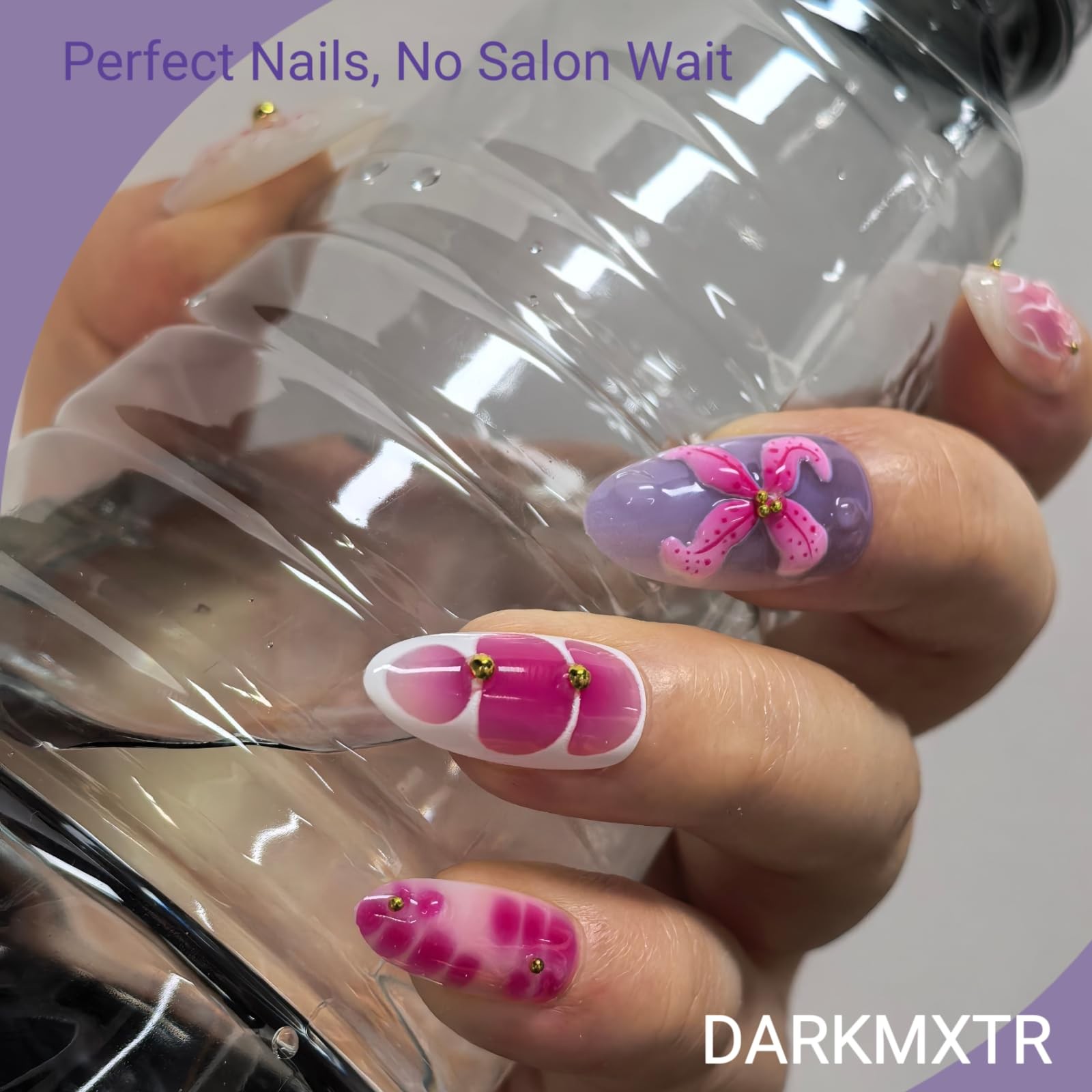 DARKMXTR 30Pcs 3D Floral Press On Nails | Pink & Purple Short, Lilac Bloom