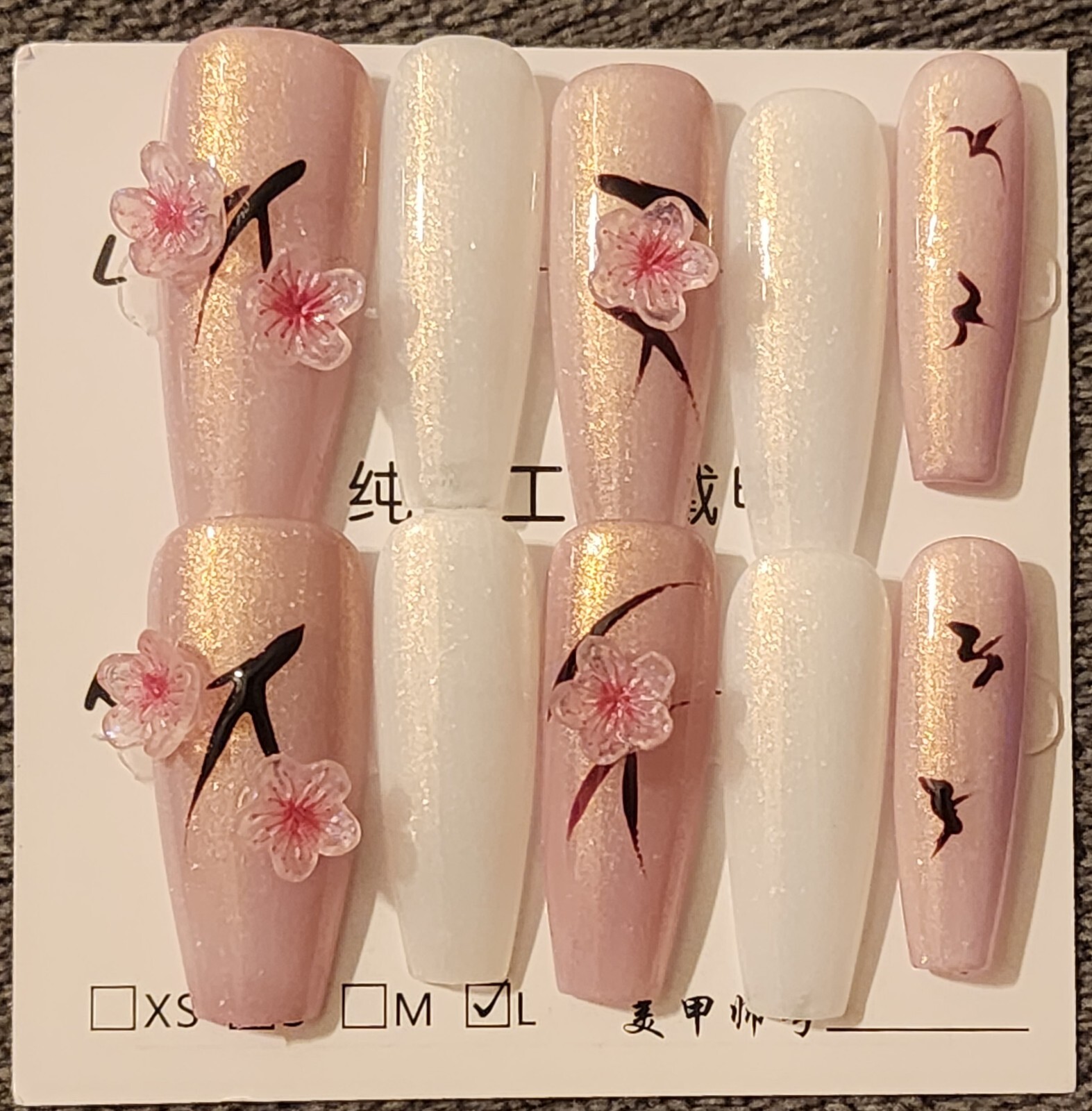 Large 3D Long Press On Nails With Glue Tabs Flowers Pink White Reusable Handmade