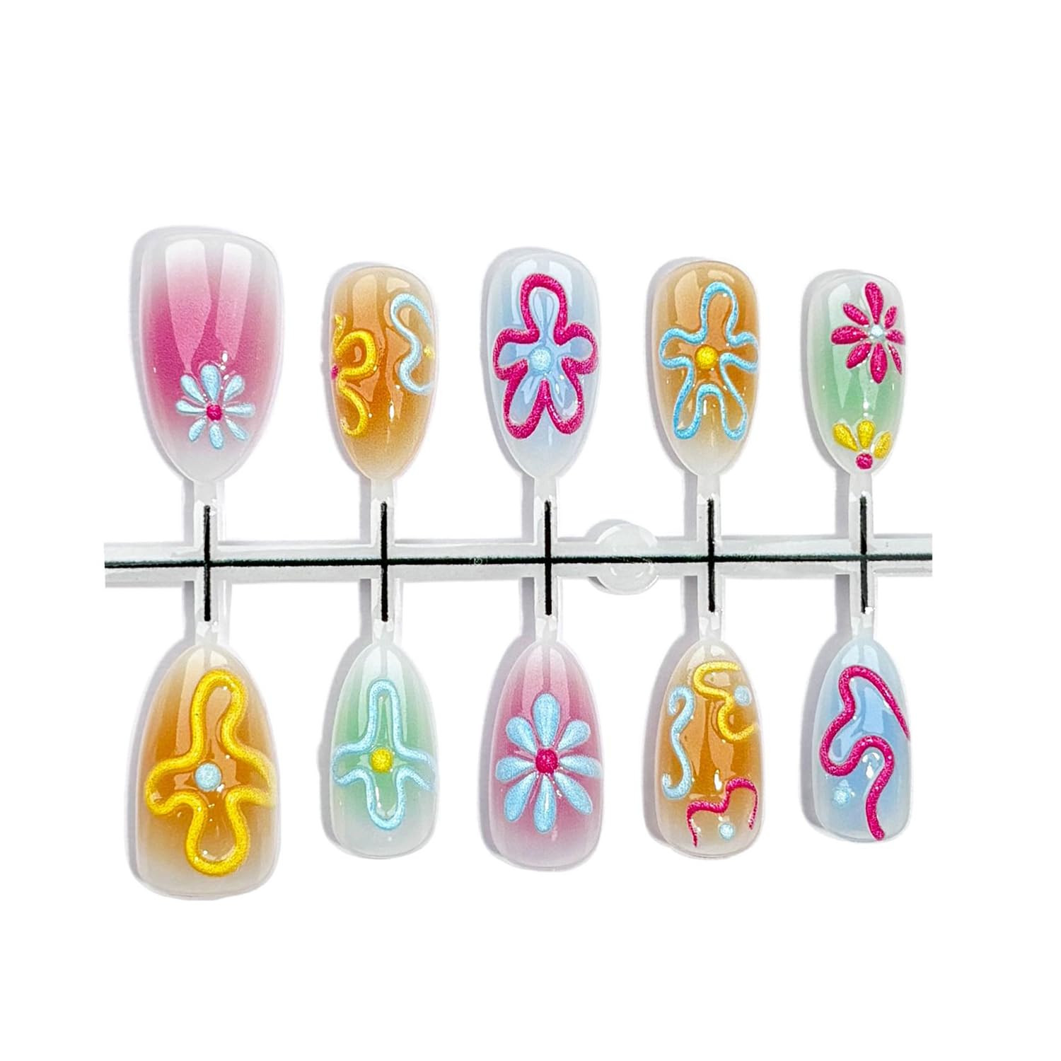 30Pcs Colorful Flower Press on Nails Short Almond Fake Nails with 3D Designs Spr