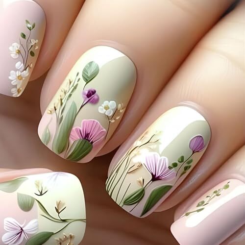 Square Press on Nails Short False Nails with Floral Leaf Design French Tip