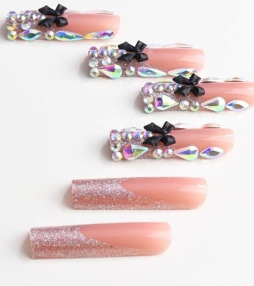 Press on Nails Square – Extra Long Fake Nails with 3D 5-Sunset Spots