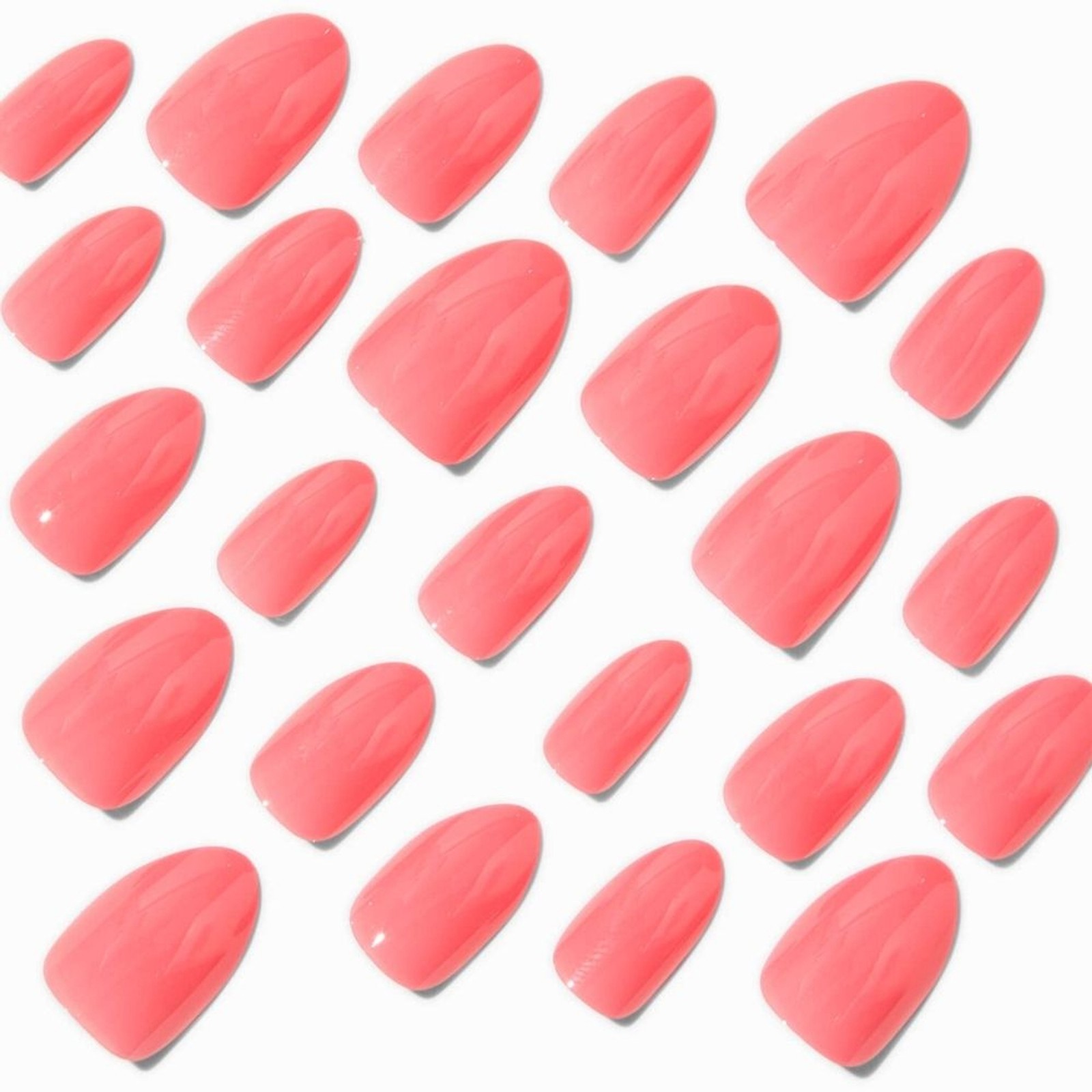 Claire’s Coral Pink Glossy Short Almond Vegan Faux Nail Set – 24 Pack