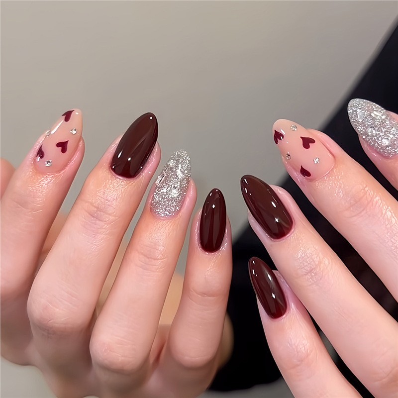 Almond Glitter Press On Nails Double Sided Love Heart Removable