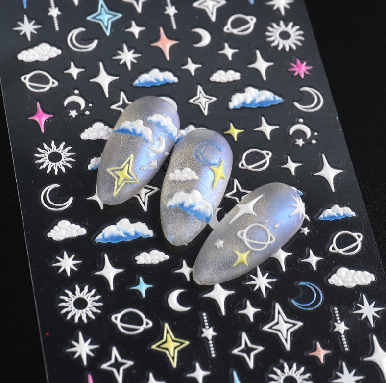 5D Embossed Nail Stickers Galaxies Star Moon Heart Engraved Adhesive DIY NS17