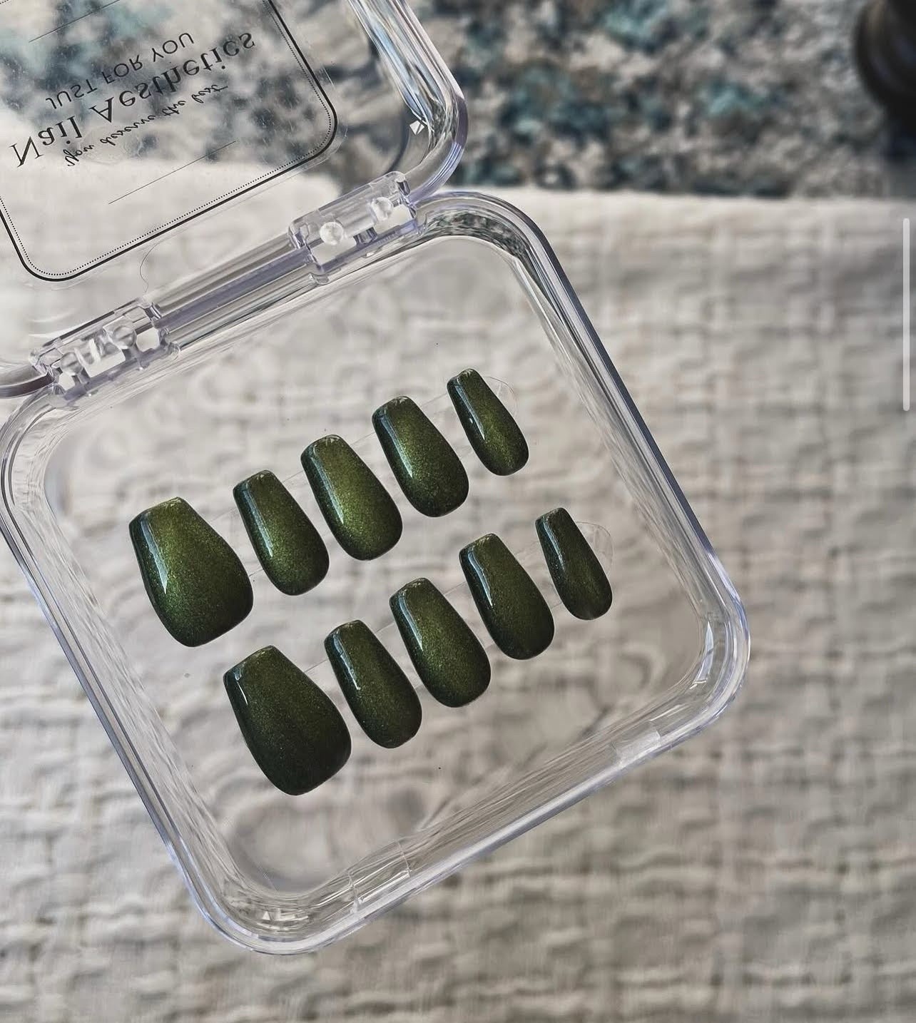 Press-On Nails Medium Square Green Shiny Handmade Pre-Designed Solid