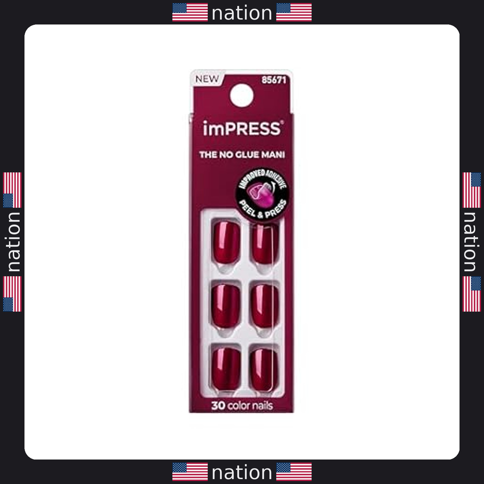 KISS imPRESS Red Velvet No Glue Press-On Nails, Short Squoval, 30 Count Set