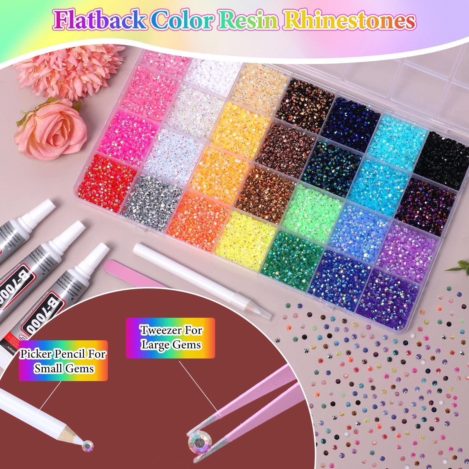 32000Pcs Rhinestones Bedazzling Kit with Tools, 3mm Color Resin Rhinestones for