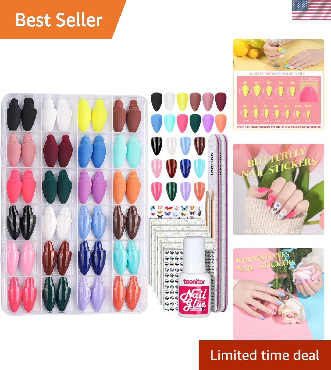 24 Pack Almond Press On Nails – 576 Pcs, Medium Sizes, Easy Apply & Reusable