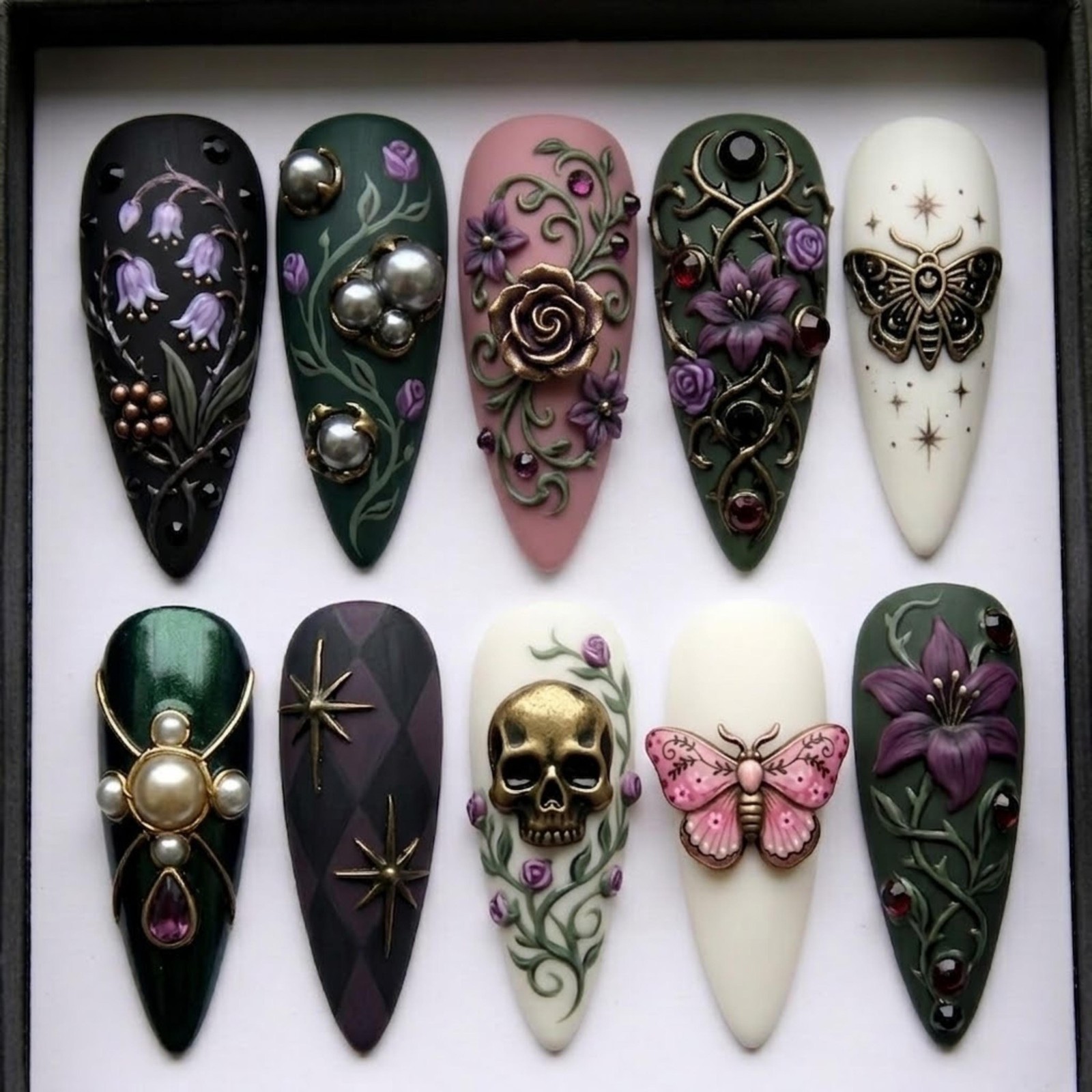 Custom Handmade Halloween Gothic Skull Moth Rose Gem Stiletto Press on Nails