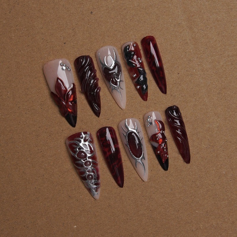 48Pcs Stiletto Press on Nails, Red Black Rose Heart Metal Gothic Fake Nails