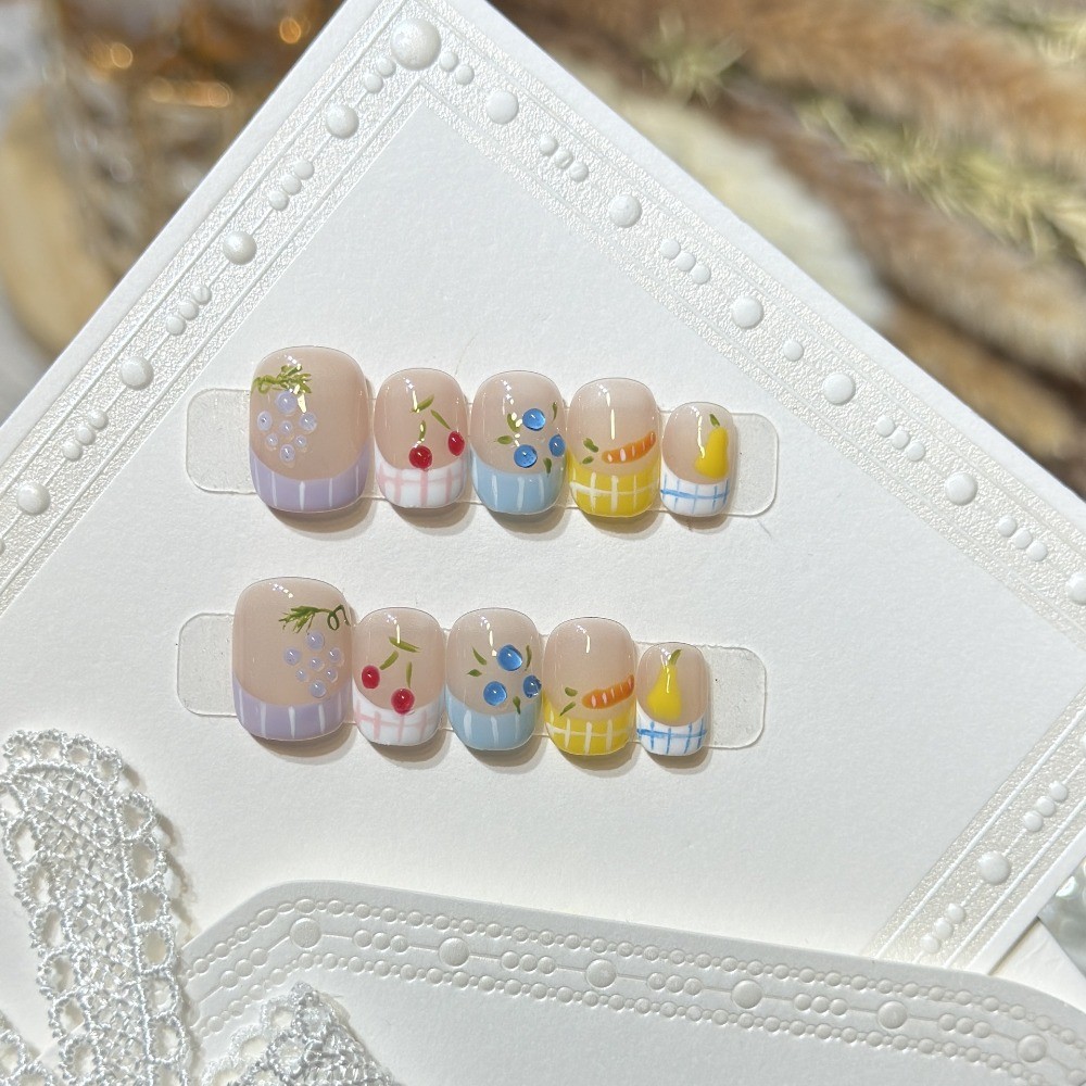 Short Oval Cute Fruit Press On Nails Handmade Removable Girls Daily Nails