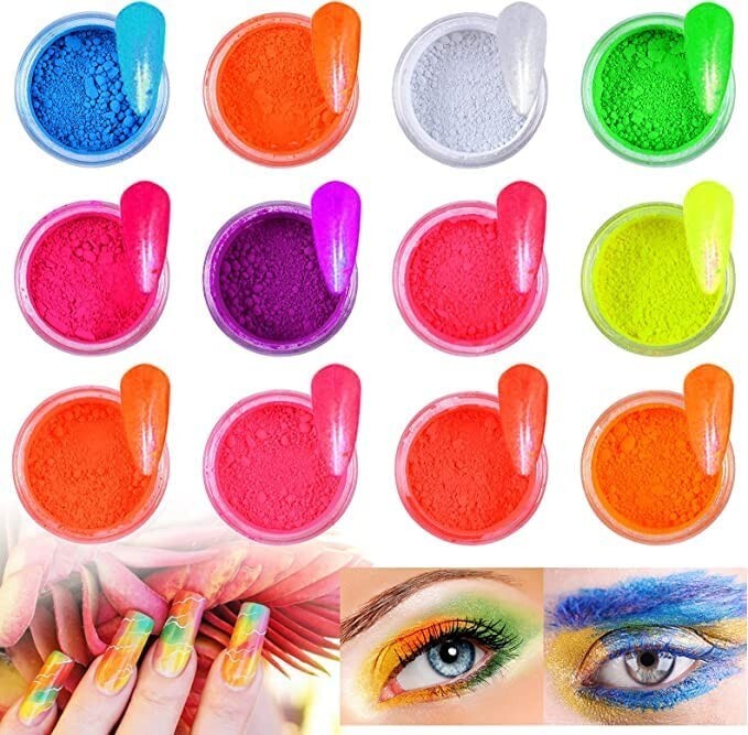 12 Colour Set Neon Pigment Nail Art Powder Dust Ombre Smoky Florescent Face Body