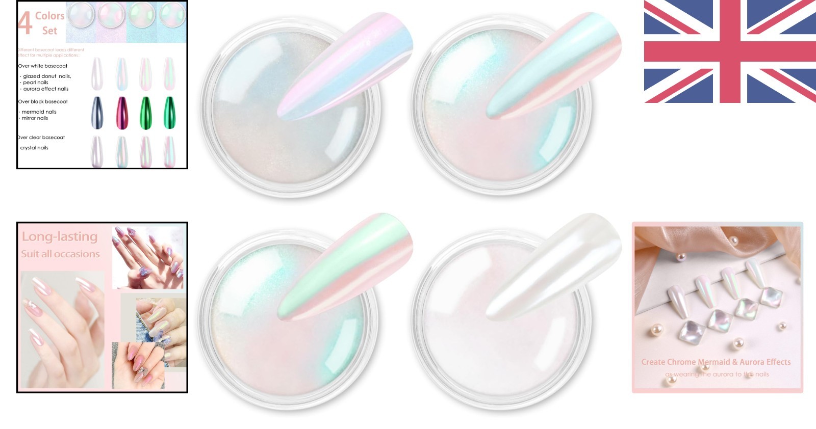 Metallic Mirror Effect Nail Glitter – 4-Piece Mermaid Set with Applicators