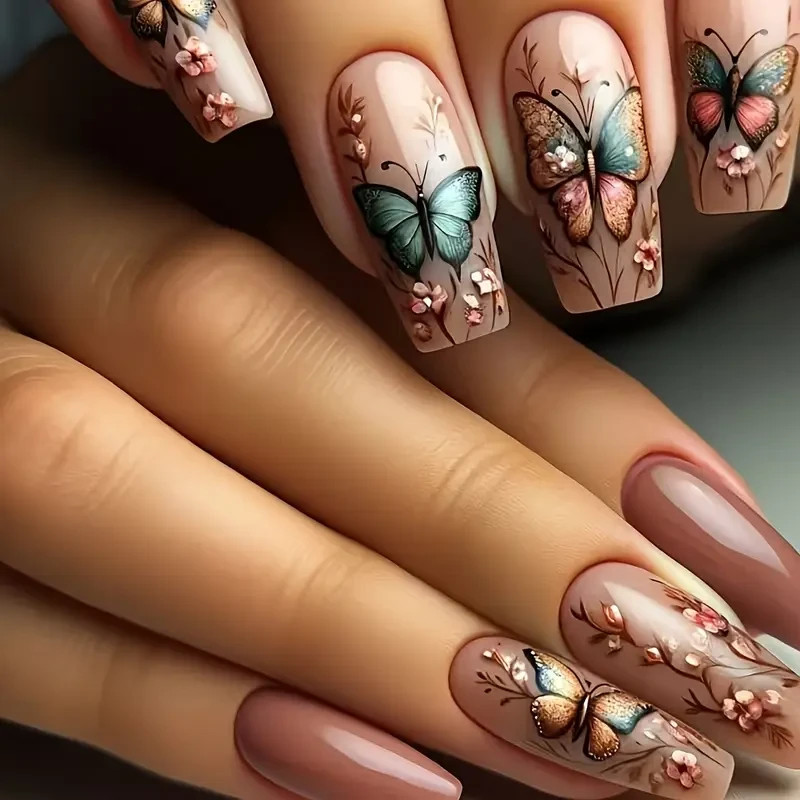 24pcs Ballet Press-On Nails, Medium Length, Glossy, Colorful Butterfly Design