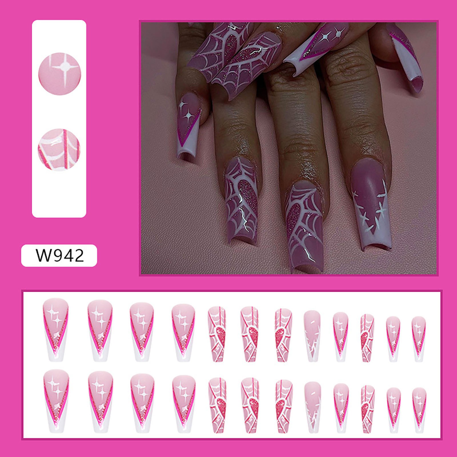 Pink Long Fake Nails with Spider Web Printed Sweet & Charming Reusable False