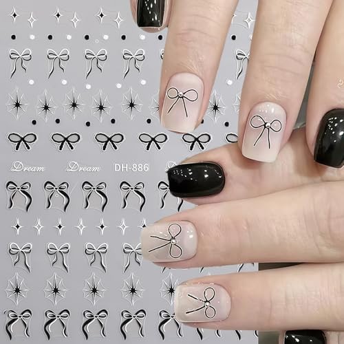 Nail Art Stickers Valentines Nail Decals 3D Self Adhesive Black Blue Pink Bow