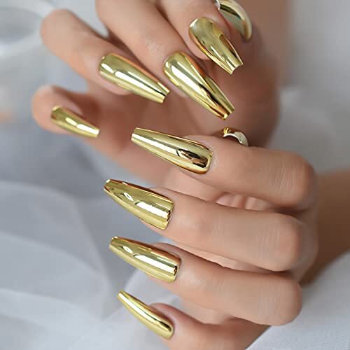 Coffin Medium Uv Gel Reusable Fingernails Glossy Soild Color Golden Press On