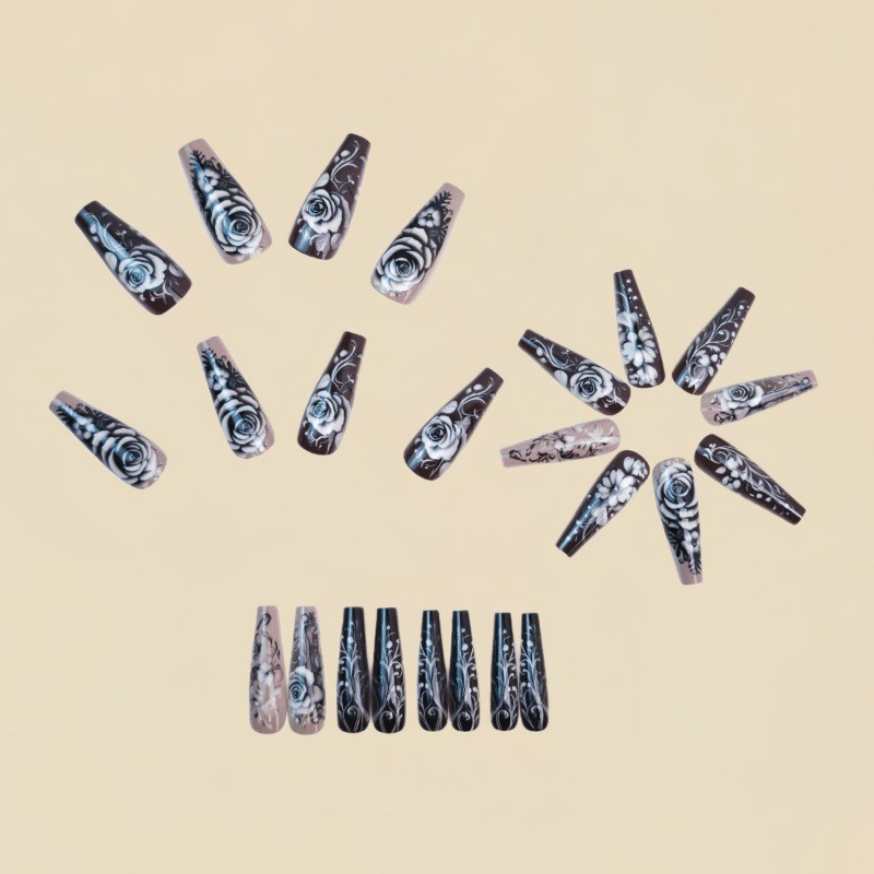 48 Pieces of Black Gray Embossed Floral Fake Nails – Removable Fake Nail Art