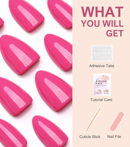 30Pcs Hot Pink Press on Nails Almond, Short Fake Nails Glossy Acrylic False