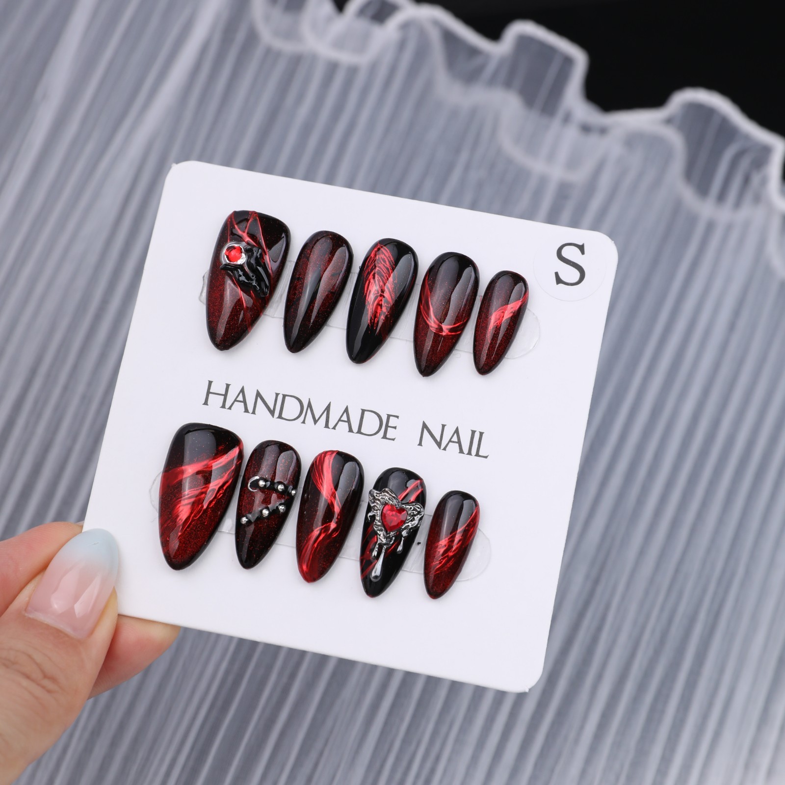 Press On Nails Medium Almond Black Red Cat Eye Rhinestone Gothic Halloween Nails
