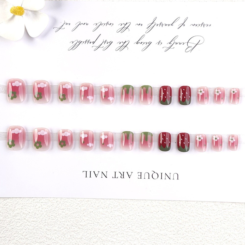 Red Square Fake Nail Blush Pink False Nail with Strawberry Printed Nail Tips