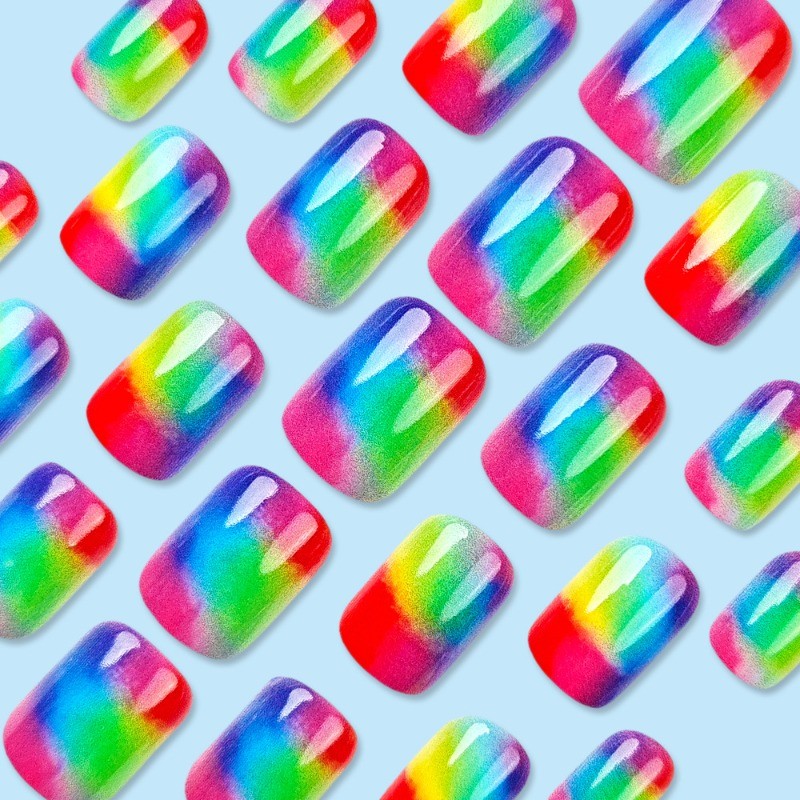 48pcs-Short Square Fake Nails, Bright Rainbow Ombre for Summer & Pride Events