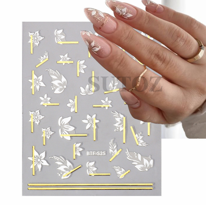 3PCS White Gold Cherry Flower French Tips Nail Stickers Decoration Manicure NH17