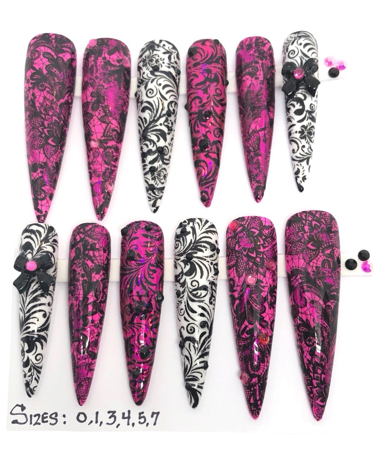 Handmade Custom Press On Nails 2X Length Stiletto Pink White Black Lace Nails