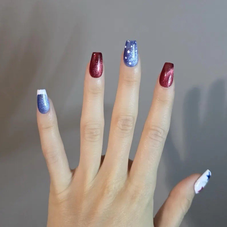 Maddi Nail Co. Press-On Nails Red Blue White Glitter Stars Medium Square
