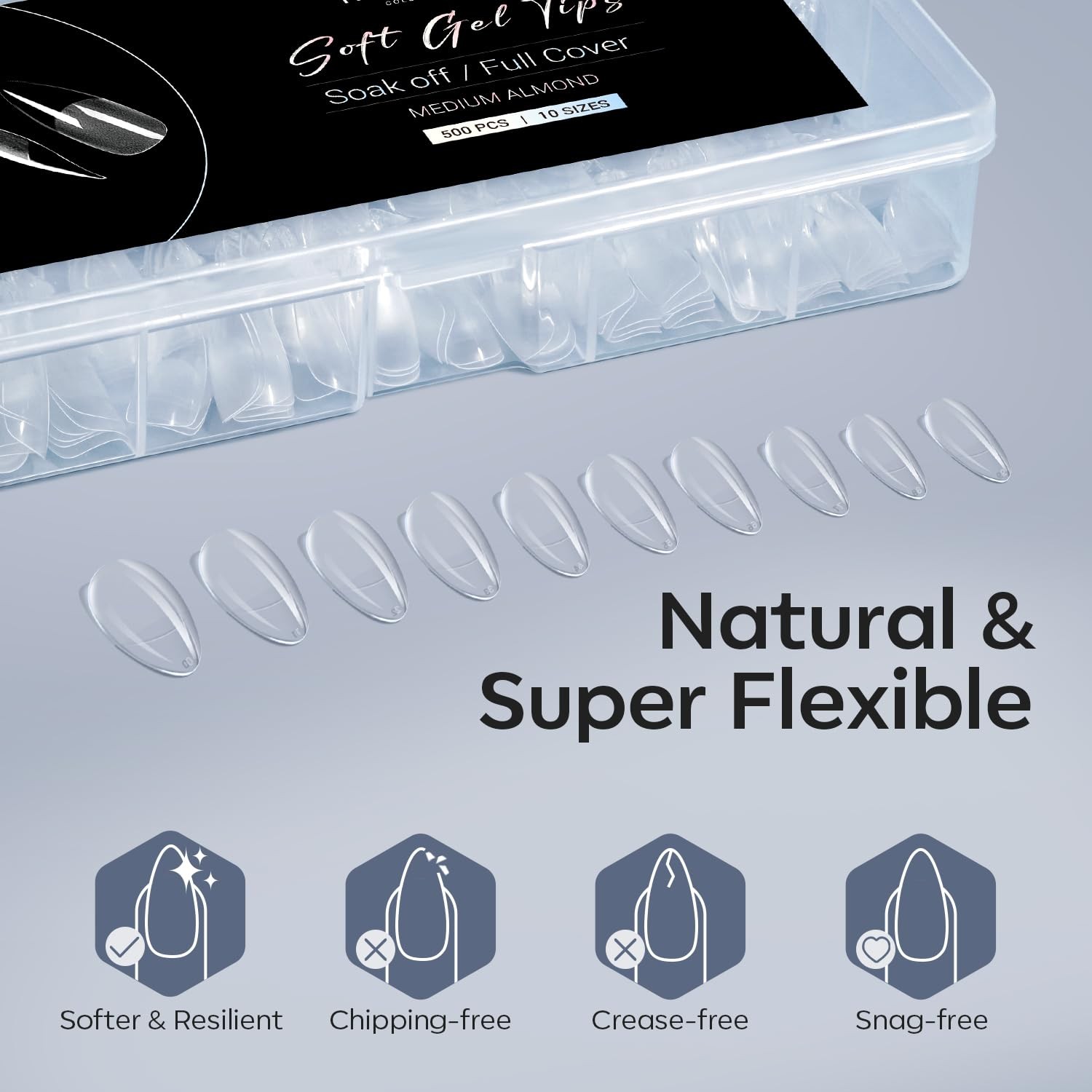 Modelones Almond Fake Nail Tips 510PCS Medium Soft Gel Full Cover Pre-Etched