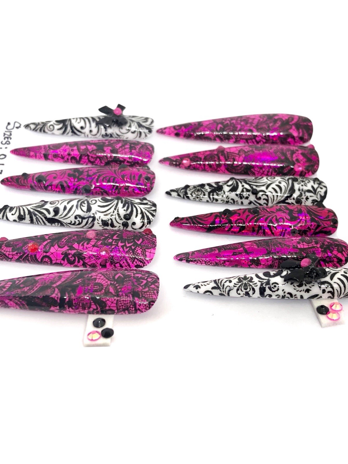 Handmade Custom Press On Nails 2X Length Stiletto Pink White Black Lace Nails