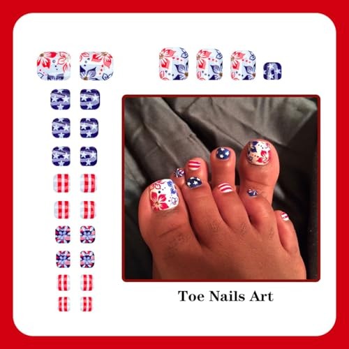 4th of July Press on Toenails Short Square Fake Toe Nails with Star | Style-29