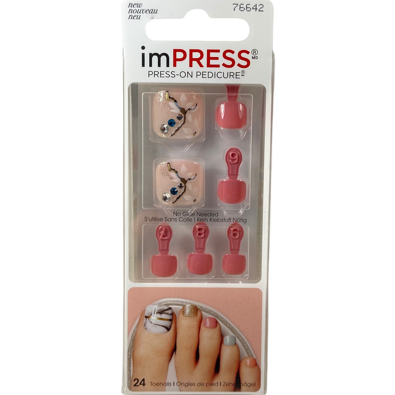 NEW Kiss Nails Impress Press On Pedicure Short Gel Mauve Pink Floral Branch Toe