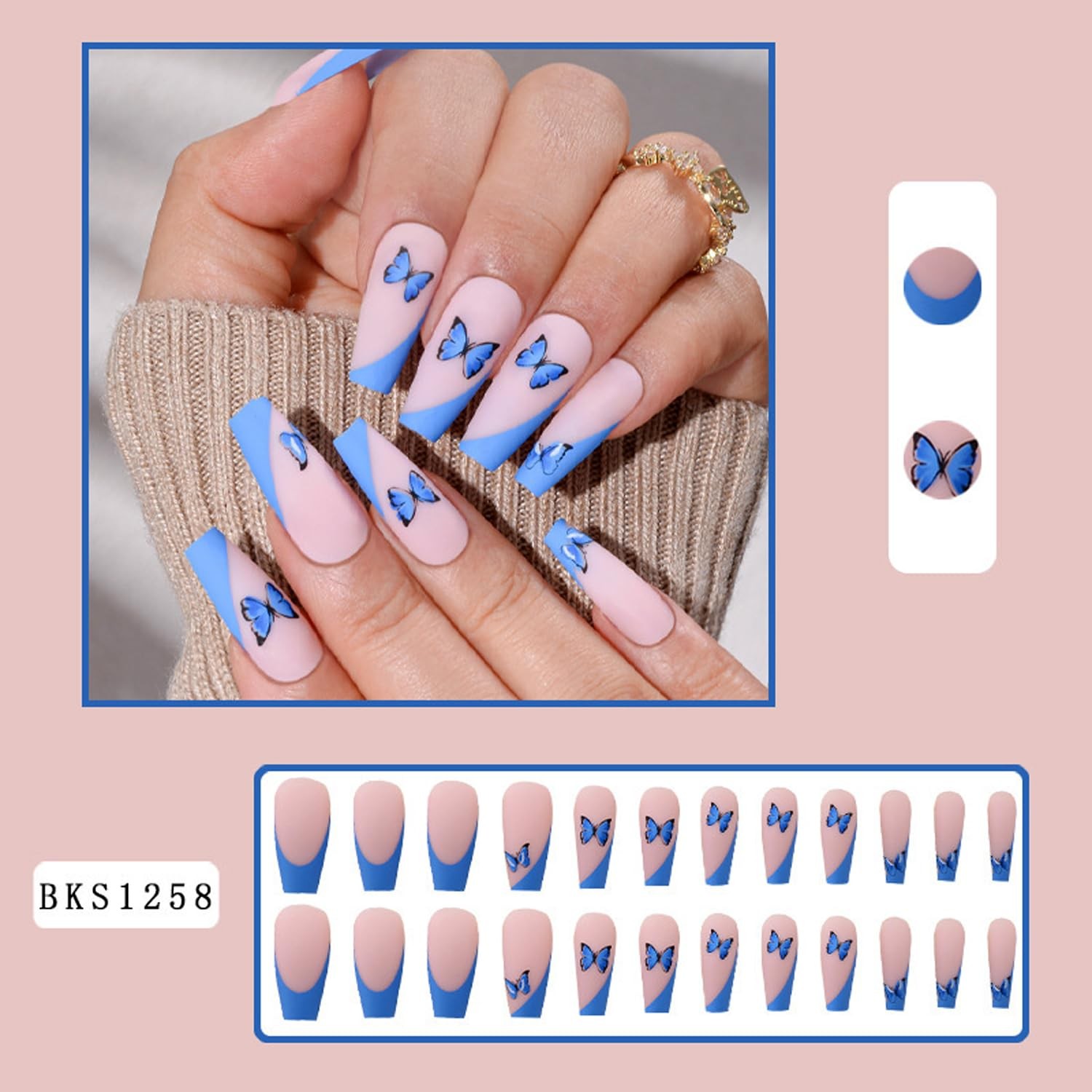 Blue French Tip Press on Nails Square Medium Length,Full Cover Reusable Coffi…