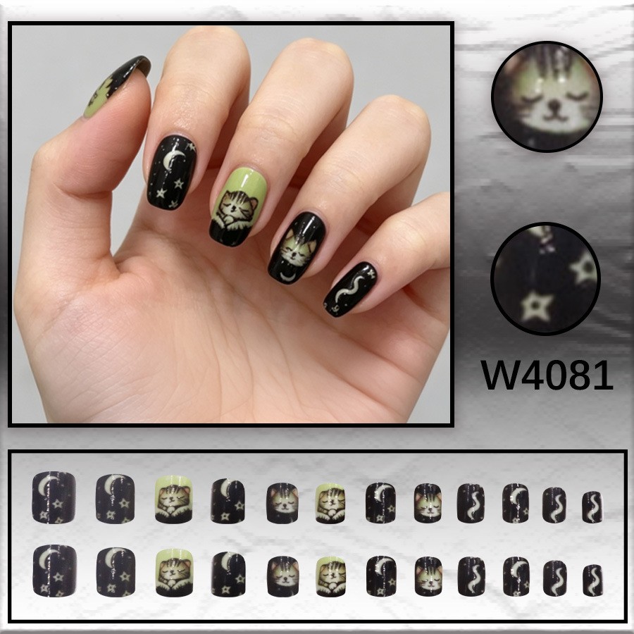 48Pcs-Medium Square Black Green Moon Sleeping Cat Hand Painted Press on Nails