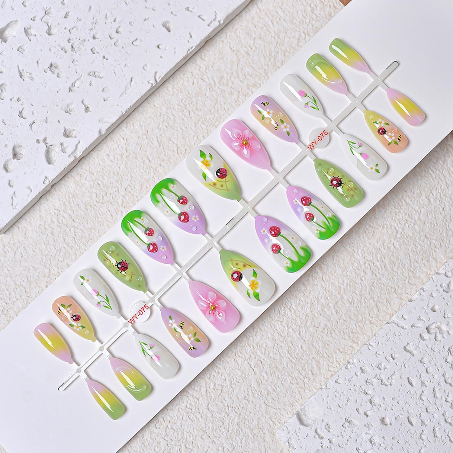 24Pcs Summer Flower Press on Nails Medium Kit Colorful – 3D Ladybug, Strawber…